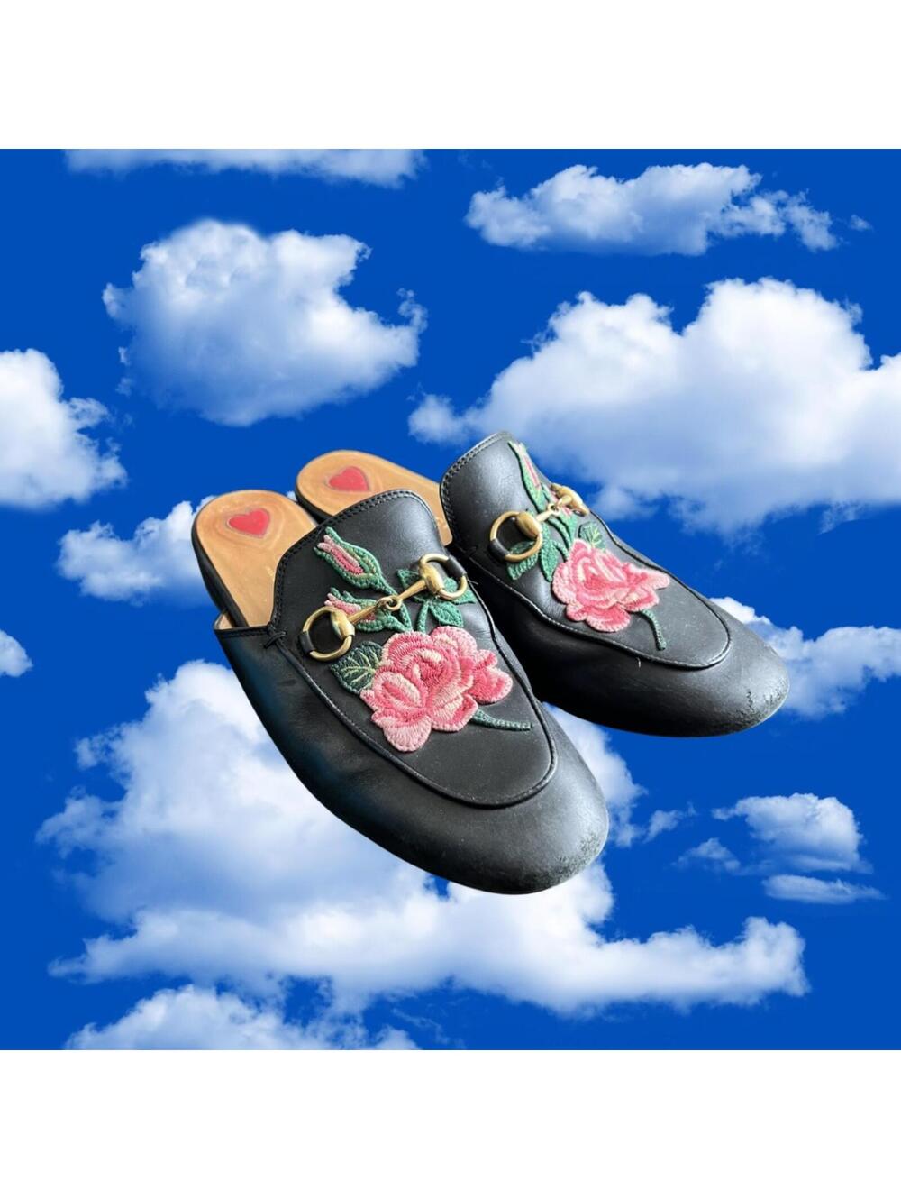 AUTHENTIC GUCCI Black Leather 2017 PRINCETOWN ROSE Mules Shoes EU Women's 36